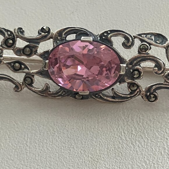 Pink stone & Marcasite 925 Sterling Silver Vintage brooch - Picture 3 of 7
